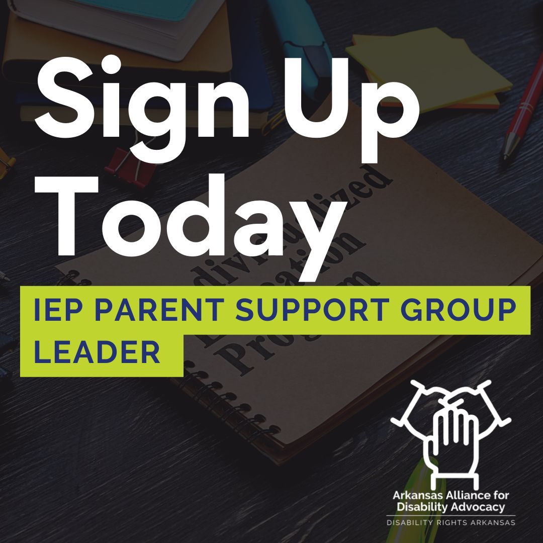 Image of an IEP booklet on a desk. Graphic of the Alliance logo. Text reads: Sign Up Today. IEP Parent Support Group Leader