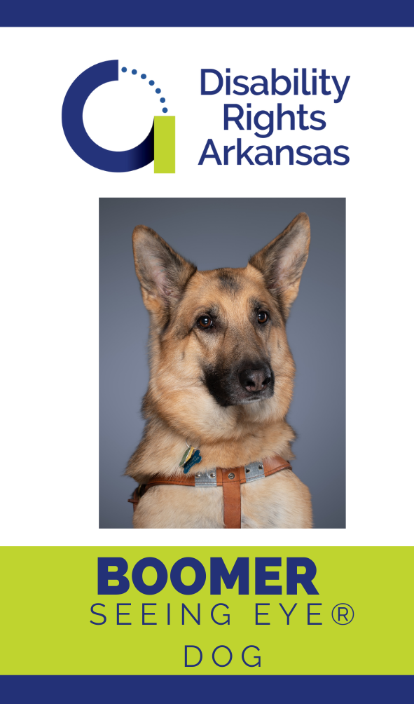 Headshot of Boomer, a brown German Shephard. Text reads: Boomer. Seeing Eye Dog. Disability Rights Arkansas logo.